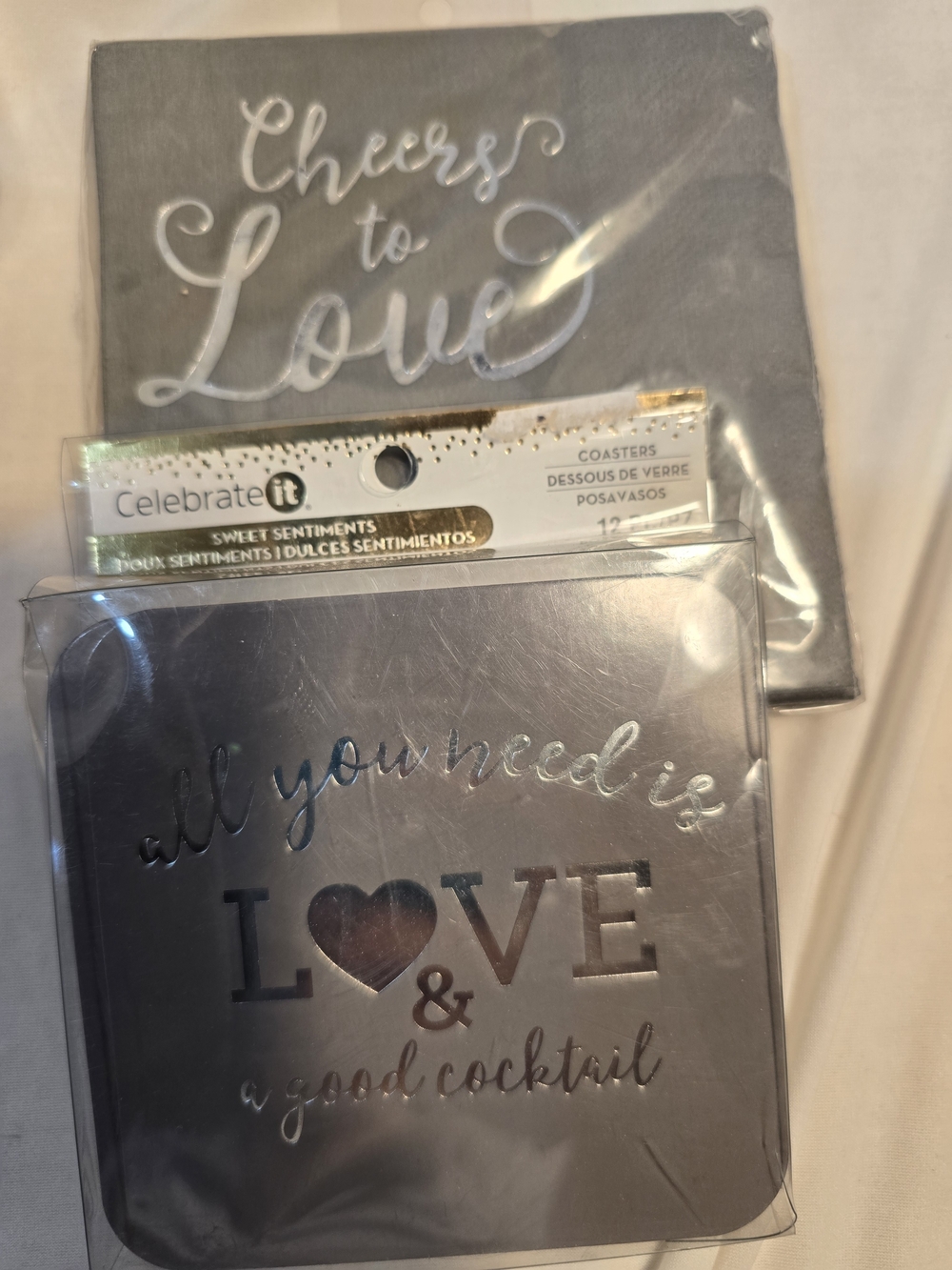 Engagement Silver 'All You Need is Love' Coasters And Cocktail Napkins